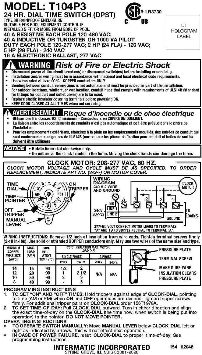 Intermatic time switch complete 208-277v - T104P/3