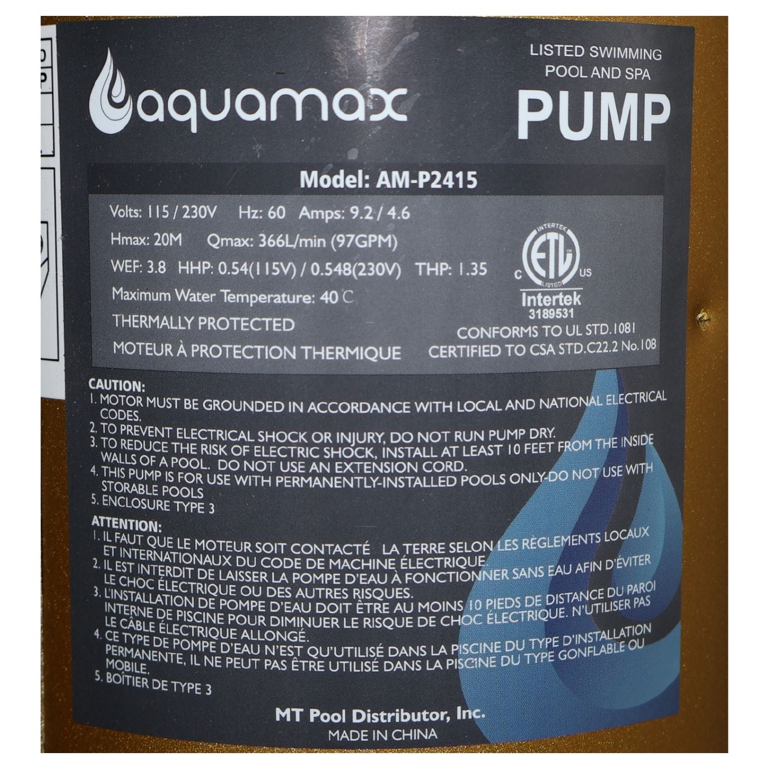 Aquamax Pool Pump 1.5 HP w/ Union - P2415A