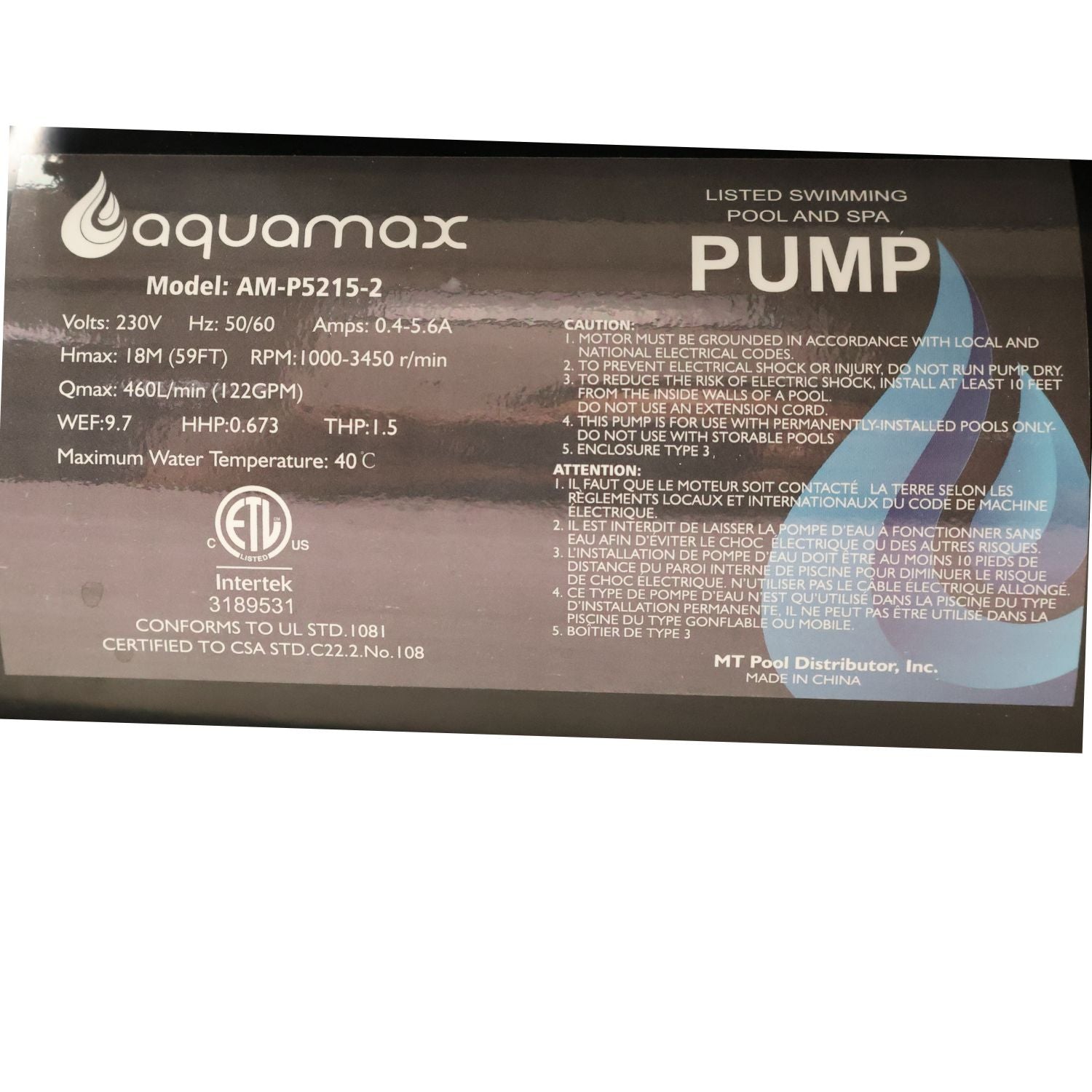 Aquamax Pro Series Pool Pump VS 1.5 Hp - P5215-2