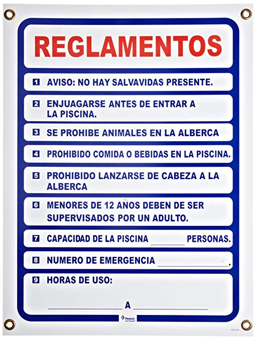 Pentair sign pool rule spanish 18 x 24 - r233700