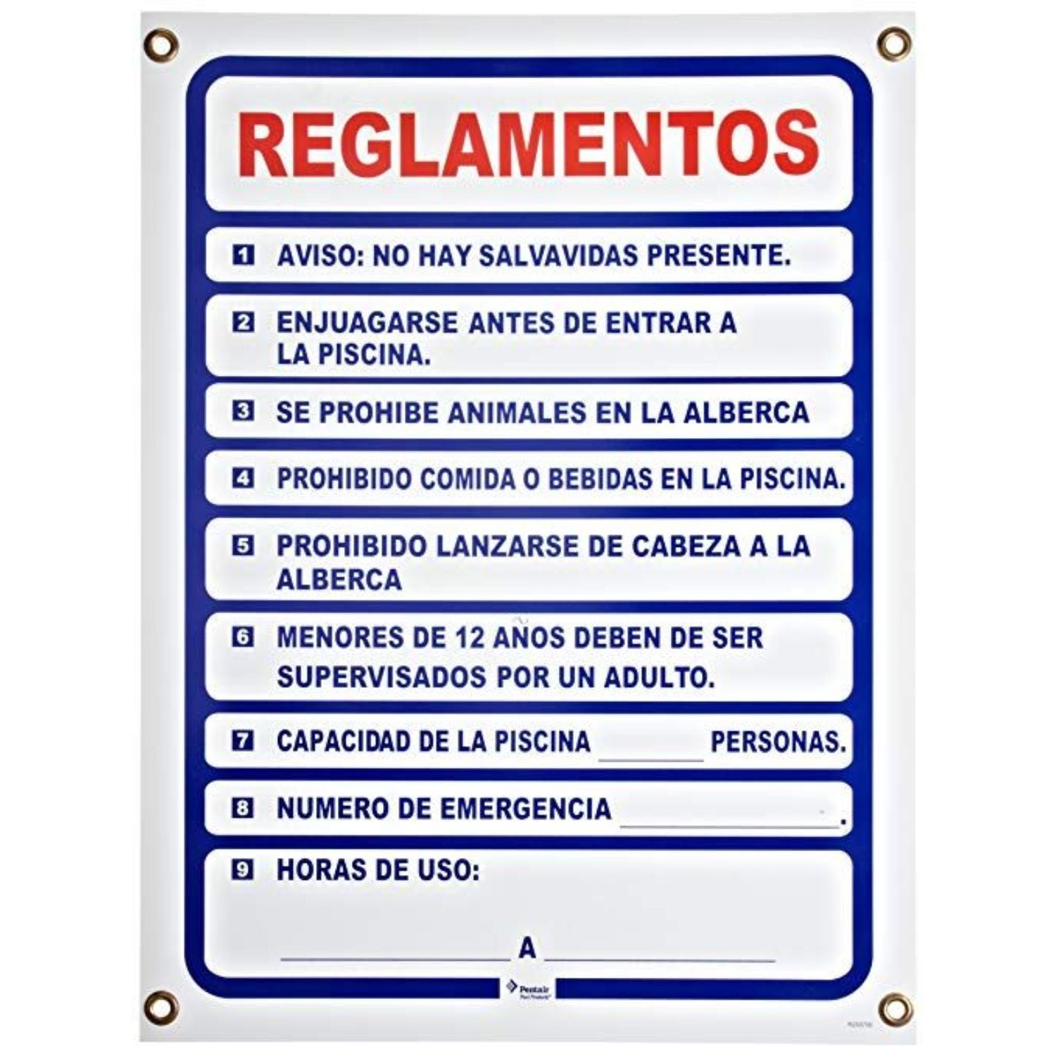 Pentair sign pool rule spanish 18 x 24 - r233700