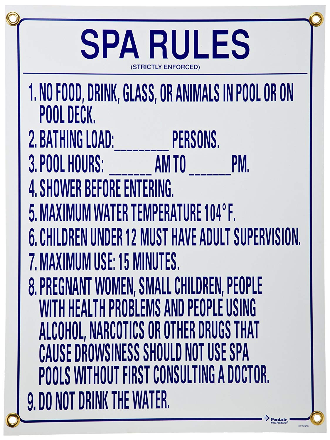 Pentair sign spa rules 24 x 18 - r234900