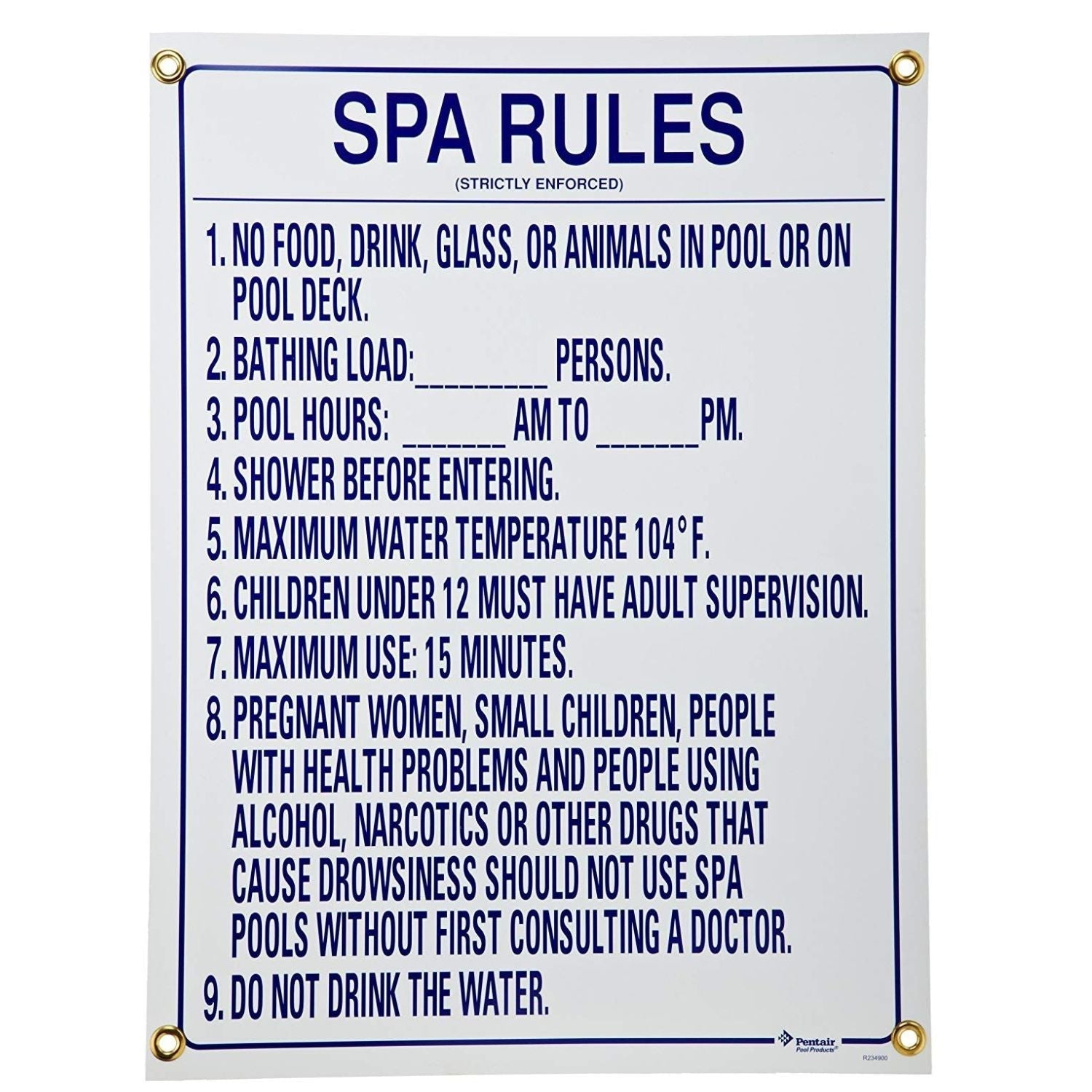 Pentair sign spa rules 24 x 18 - r234900